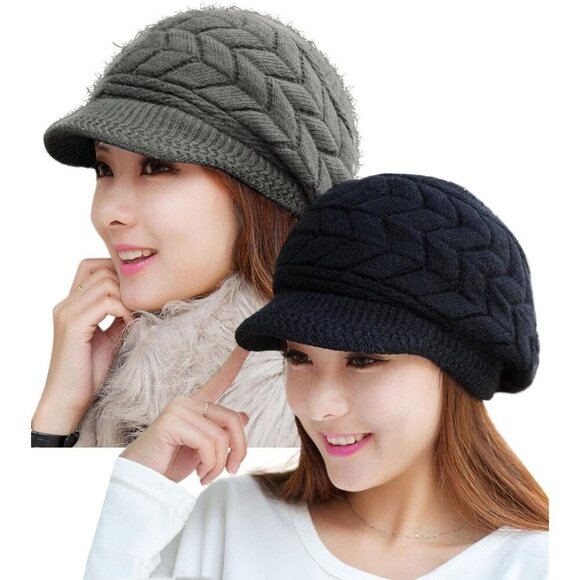 〽️Women’s _2hats(black+dark Grey) Winter Warm Knit Wool Snow Ski Hat with Visor main image 8